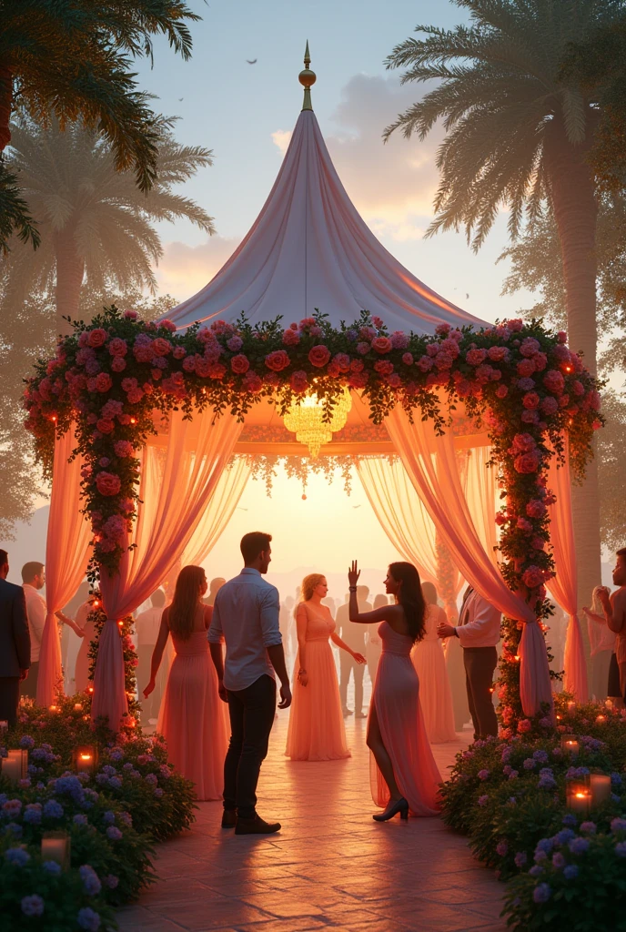 Create a party space with a large gazebo with voile lights and flowers