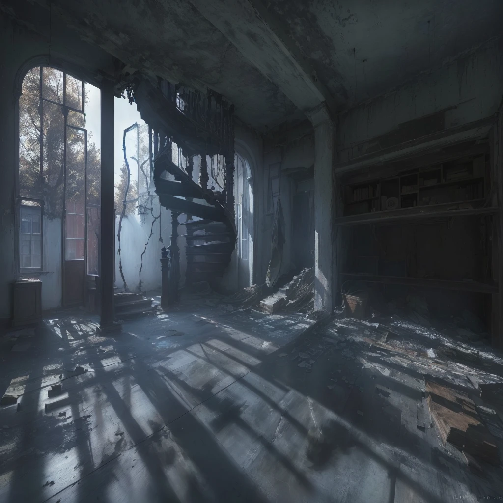 there is a room with a staircase and a window in it, arte conceitual escura fotorrealista, cloth capture&#39;fallout 4&#39;, Precipitation environment, hyper-realistic environment, cloth capture Fallout 4, engine unreal. retro film still, rendered in cryengine, dystopian environment, post-apocalyptic atmosphere, Volume Raytracing Fog, atmospheric detailed and gritty, nostalgic and mysterious concept art