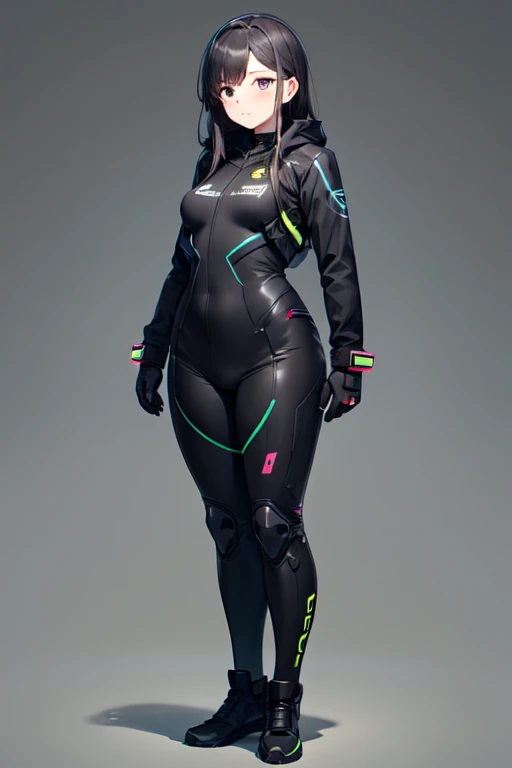 Gunmetal color, Fluorescent Black, Future, simple, Pilot Suit, I gained a little weight, Cute woman, Full body image, simpleな背景, Brooding face,