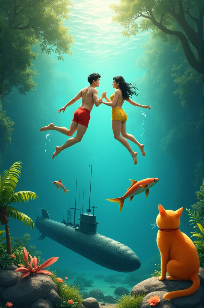 pasangan thailand menyelam pakai hotpants di sungai liat arwana bersama kucing orange gemuk 😚ada ikan, there is a submarine, in water