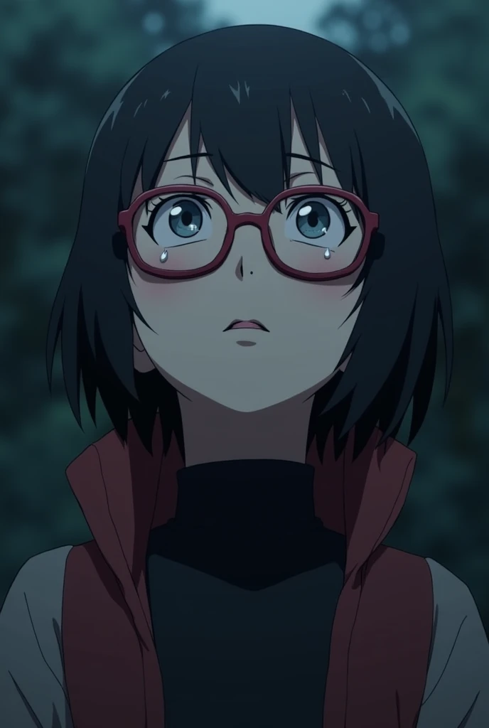 Sarada (a female character from boruto who has a shot hair neck and using a red glasses) looking up to the sky while shedding tears