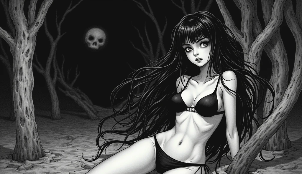 Retrato de rodillas a cabeza, joven bruja elfa oscura sentada, piernas abiertas, cuerpo completo, bikini negro oscuro, bruja tiene, Gloomy and scary atmosphere, botas negras, Bosque espeluznante, orejas puntiagudas, cuerpo completo