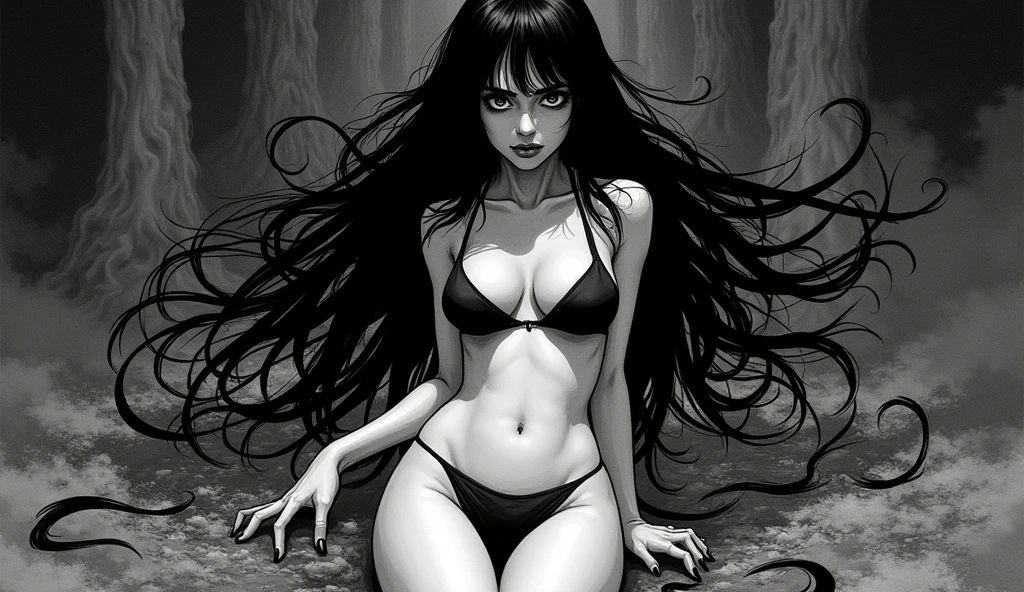 A black and white manga-style illustration reminiscent of Junji Ito's horror works. The scene features a young, sexy woman with a frightening presence AND SENSUAL but attractive BIKINI CLOTHES. She has long, flowing dark hair AND BIG BREASTS that subtly merge with shadowy locks crawling around her. Her eyes are wide, intense and strangely captivating, conveying beauty and an unsettling sense of dread. His facial expression is enigmatic, suggesting something sinister beneath his outward allure. The background is dark and atmospheric, with detailed textures including organic shapes and surreal, twisted elements. The overall tone should be gothic, mysterious and full of unnerving tension, while remaining true to the horror essence that defines Junji Ito's style.BIKINI SENSUAL.