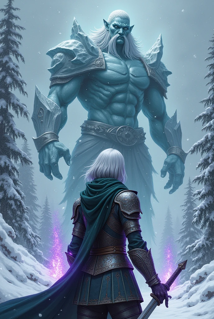 (Ultra-detailed face, looking away, Fantasy Illustration with Gothic, Ukiyo-e, Comic Art, Rich colors),
BREAK
(A female Dark Elven ranger confronts an ice giant in the midst of a heavy snowfall. She looks up at the giant and swings her sword in a daring pose with a shortsword, both hands enchanted with purple-glowing Force-enhancing magic.),
BREAK
(This is the extreme cold of the north. The trees in the forest have turned to ice, the starlust is falling, and the air is so cold that it glistens. Snow continues to fall and fresh snow piles high in the air.),
BREAK
(DarkElves: A middle-aged dark elf woman with silver color hair, blunt bangs, bob cut and dark purple color skin, lavender color eyes.),
BREAK
(DarkElves: A female dark elf ranger wears a full plate of mithril with runic reliefs and a short green cape.)