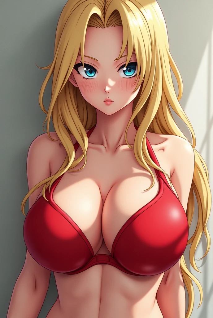 Dragon ball android 18, very big breasts, red bra tightening her breasts, blonde hairs, (highly detailed hairs)(highly detailed face), textured skin, very beautiful face, sexy expression on her face, high resolution image