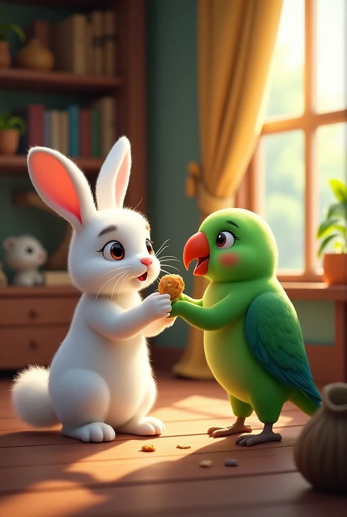 a white rabbit in his house, feeds the green parrot