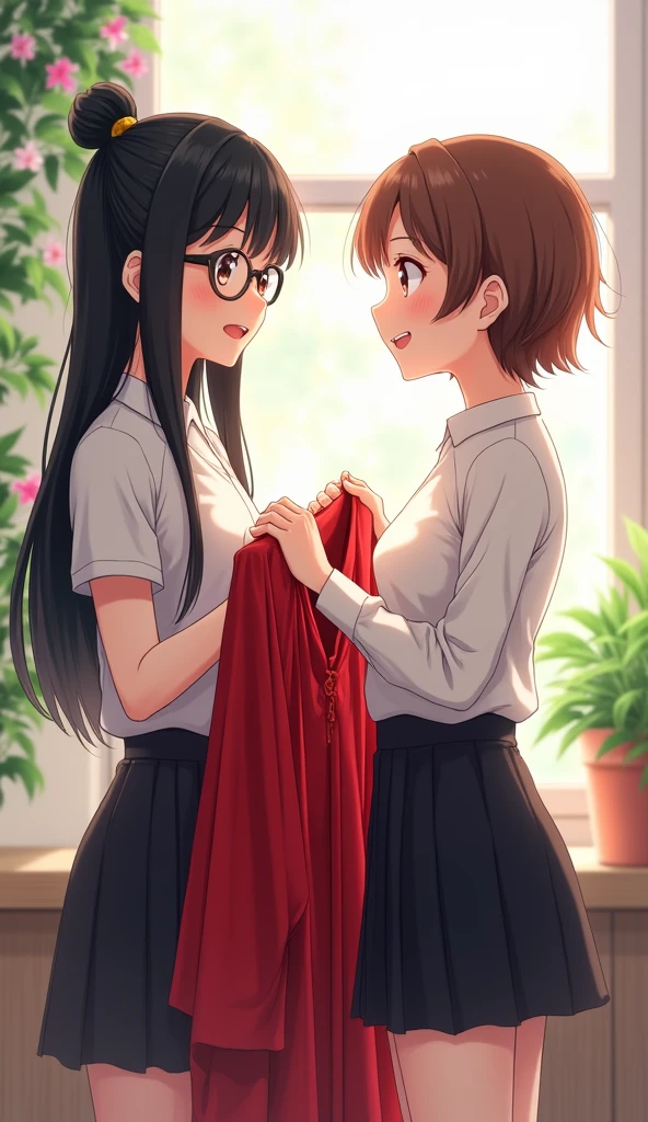 Anime images "Two girls are standing in a student dormitory, facing each other and talking. The room is brightly lit by the light from the window. The background is decorated with beautifully arranged leaves and flowers, adding to the bright and lovely atmosphere. The first girl has long, shiny black hair, neatly tied up with bangs, and wears round glasses. She is wearing a white shirt and a black skirt. The second girl has short, brown hair, no bangs, and no glasses. The two are talking and laughing happily, while holding a red long-sleeved graduation gown in each hand, showing excitement and happiness in preparing for the special day."