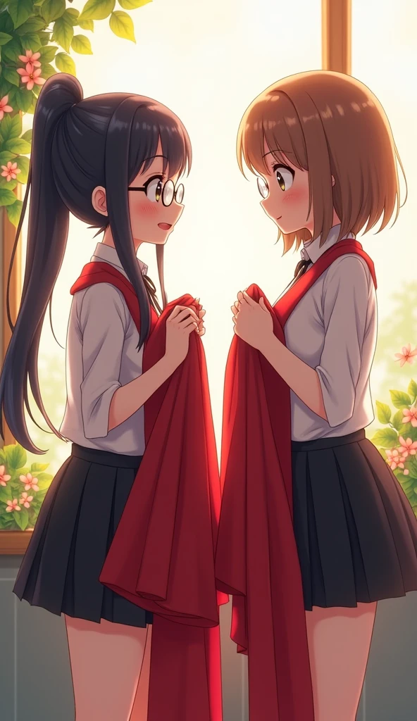 Anime images "Two girls are standing in a student dormitory, facing each other and talking. The room is brightly lit by the light from the window. The background is decorated with beautifully arranged leaves and flowers, adding to the bright and lovely atmosphere. The first girl has long, shiny black hair, neatly tied up with bangs, and wears round glasses. She is wearing a white shirt and a black skirt. The second girl has short, brown hair, no bangs, and no glasses. The two are talking and laughing happily, while holding a red long-sleeved graduation gown in each hand, showing excitement and happiness in preparing for the special day."