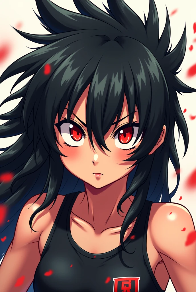 Child girl anime with spiky black long hair and eyes red,her clothes is black she have personality agressive,and physical athletic,she's dont' have breasts