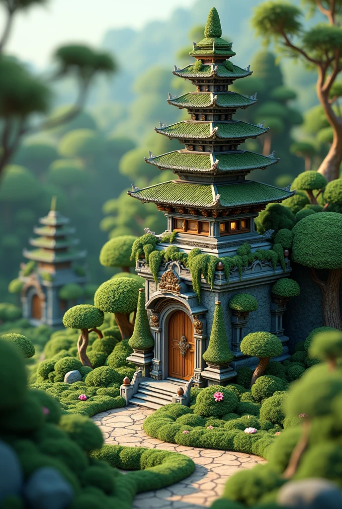 (Isometric 3D),(masterpiece), (Extremely detailed CG unity 8k wallpaper), (best quality), (Best Illustration), (Best shadow),, Lovely , Balinese temples, Moss covered round radish house, ,Octane Rendering,Ray Tracing,Extremely detailed