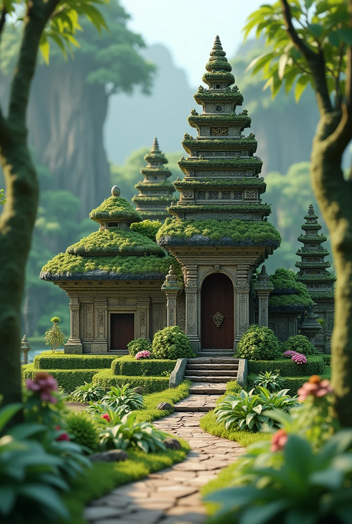 (Isometric 3D),(masterpiece), (Extremely detailed CG unity 8k wallpaper), (best quality), (Best Illustration), (Best shadow),, Lovely , Balinese temples, Moss covered round radish house, ,Octane Rendering,Ray Tracing,Extremely detailed