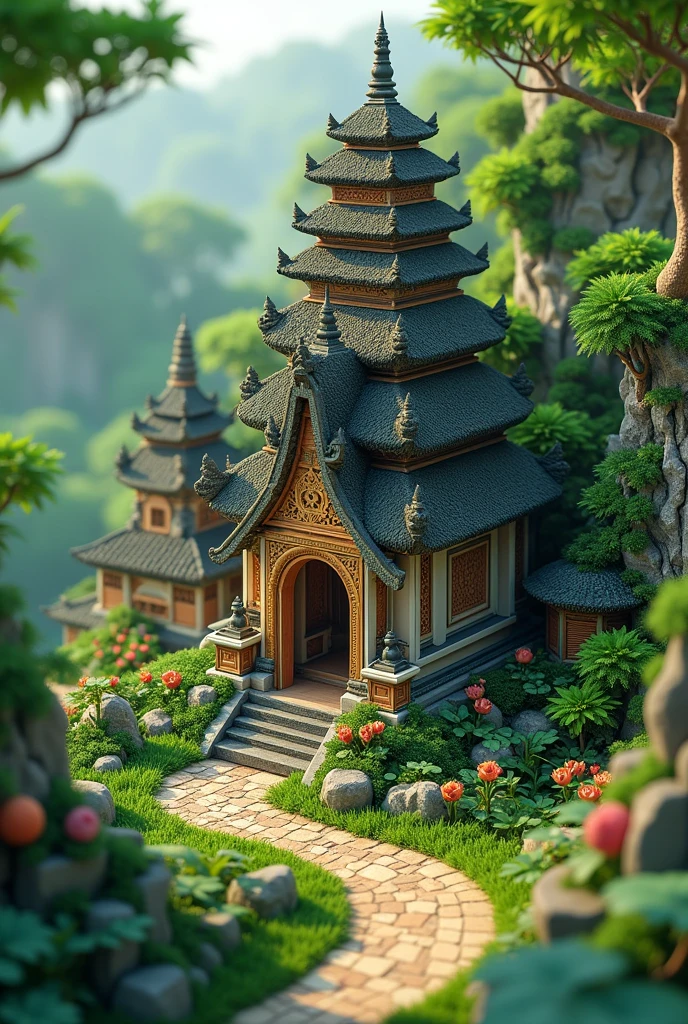 (Isometric 3D),(masterpiece), (Extremely detailed CG unity 8k wallpaper), (best quality), (Best Illustration), (Best shadow),, Lovely , Balinese temples, Moss covered round radish house, ,Octane Rendering,Ray Tracing,Extremely detailed
