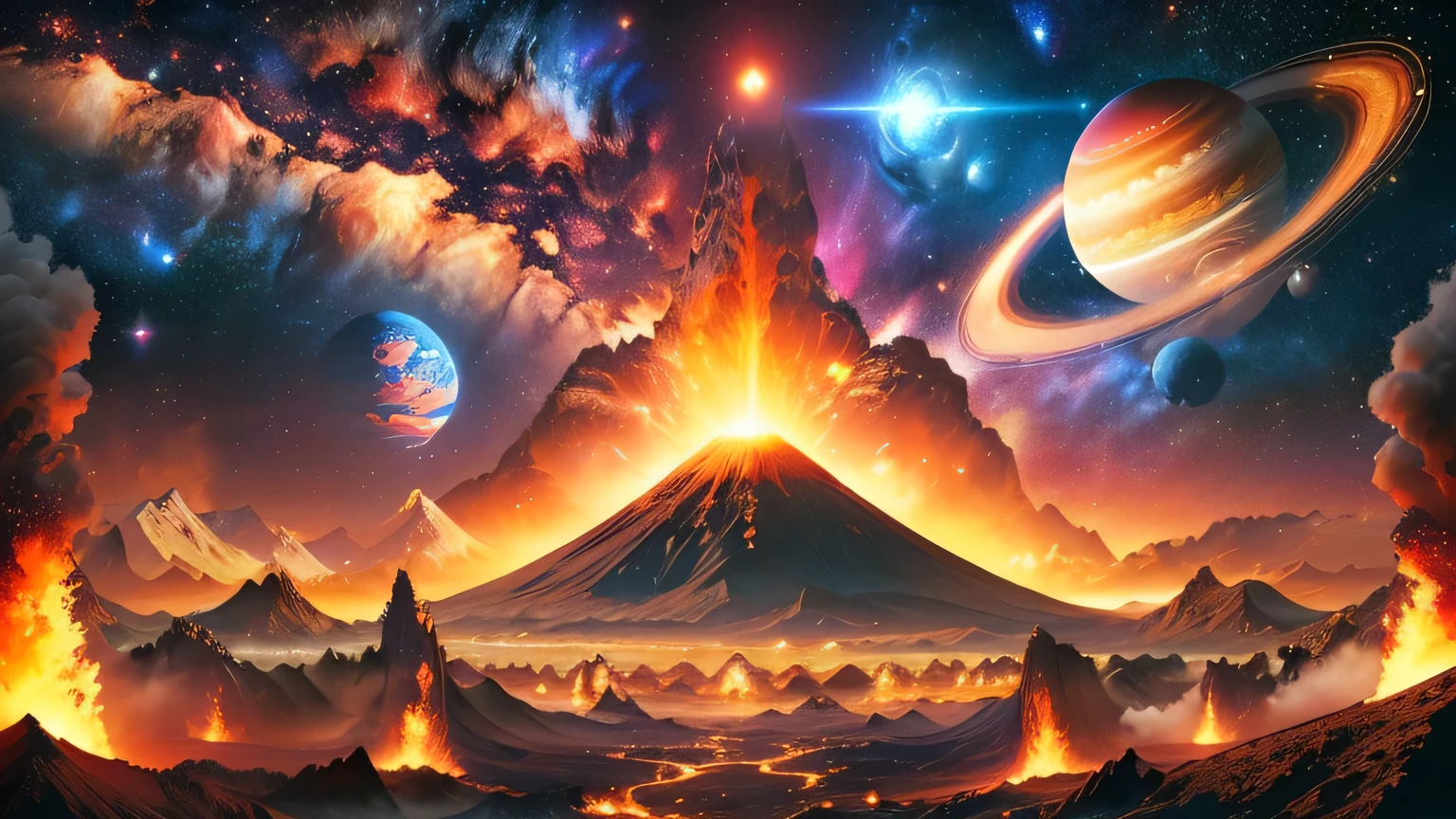 a close up of a mountain with a volcano and planets in the background, planetary landscape, surreal space, spacescape, cosmic landscape, highly detailed digital art in 4k, planet landscape, fantasy planet, fantasy space, planets behind, alien planet, planets in the background, meaning of life in the universe, extraterrestrial paradise, planets and galaxies