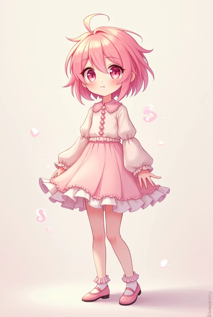 make an anime style boy, with short pink hair, light and white skin, pink eyes, delicate features, pink cheeks and lips, thighs, round hips and butt, shoulders, arms, small torso and waist and thin, cute clothing