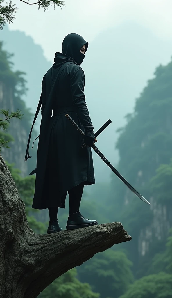 Ninja in black decoration、I'm in the mountains and on top of a big tree。It seems like they are hiding and watching the other person.。It's a little foggy、Holding a sword and a shuriken。