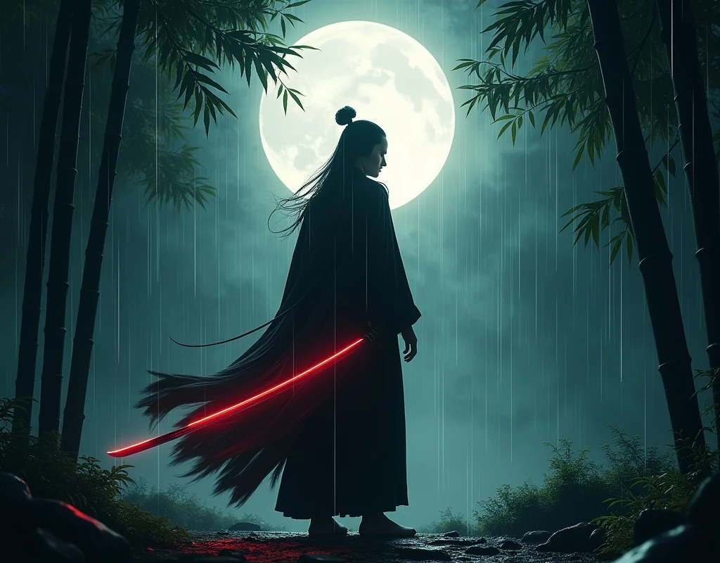 (Best Quality,ultra detailed),dark,wet,artificial raindrops falling,ancient japanese warrior standing in the rain,japanese traditional bamboo hat(fail),dense forest landscape,majestic and serene nature,full moon shining brightly in the night sky,black kimono with fluorescent red stripes that glow in the moonlight,samurai sword sharpened and drawn(katana),