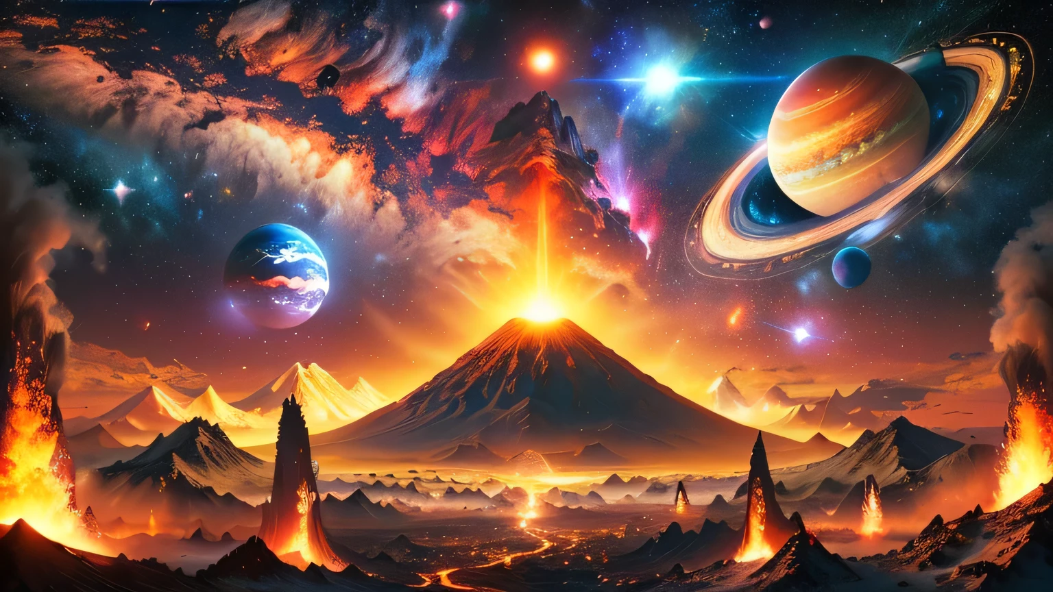 a close up of a mountain with a volcano and planets in the background, planetary landscape, surreal space, spacescape, cosmic landscape, highly detailed digital art in 4k, planet landscape, fantasy planet, fantasy space, planets behind, alien planet, planets in the background, meaning of life in the universe, extraterrestrial paradise, planets and galaxies