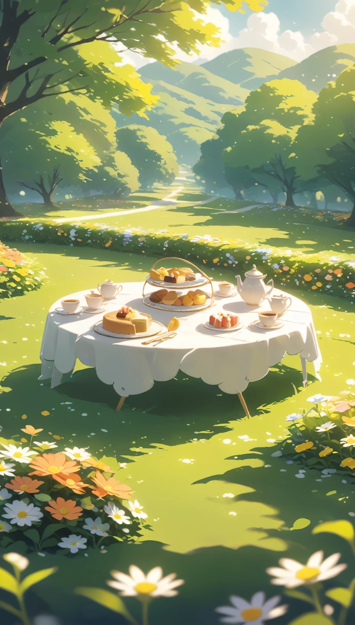 Panoramic view, afternoon tea, Warm flower garden,Pink orange ,picnic , There are no human characters.,No people
