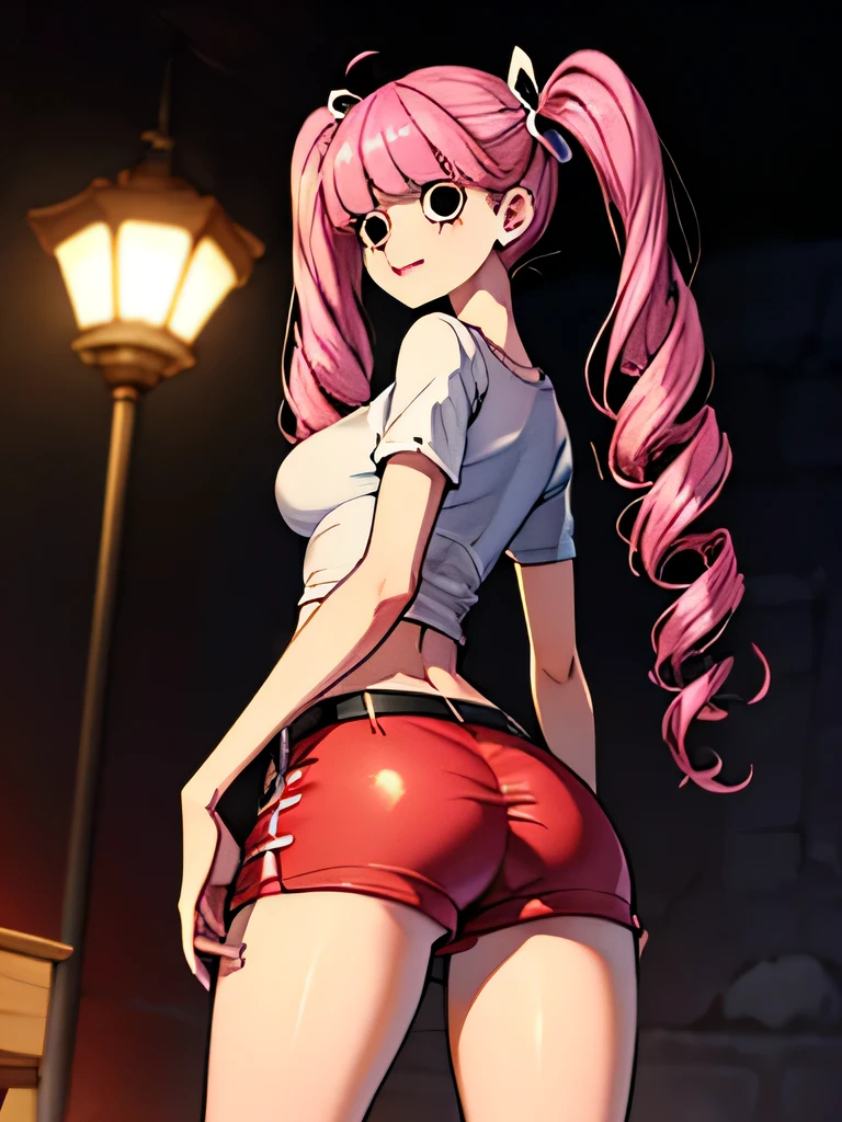 ass, from behind, ass cheeks, super detailed, very detailed, panties, white shirt with sleeves, red skirt, midriff,  upskirt, sexy pose, looking at the viewer, masterpiece, high res, beautiful art, professional artist, 8k , Ultra detailed backgrounds, Delicate pattern, Intricate High Details, highly detailed, Best quality, Beautiful lighting, small breasts, lean girl, Very thin girl, Perona, 1girl, solo, circle-shaped eyes, black eyes, red boots, midriff, twintails, twin drills, pink hair, black shorts with red belt, black tank top, perfect antomy, black and white striped golf, standing cross-legged, castle background, vintage lanterns in the background, white ghosts flying around with a sweet smile, two hand hold her own ass, Perona grabs her own ass, two hand holds her own ass