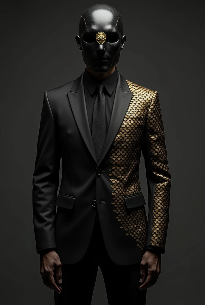 A full-body image of a man wearing a black suit, a tie and a black mask. The mask has a golden scale symbol printed on it. The suit also features a large golden scale design that starts at the beginning of the stomach area and extends outward. The scale’s plates stretch across his arms, reaching almost to the ends of the sleeves,
