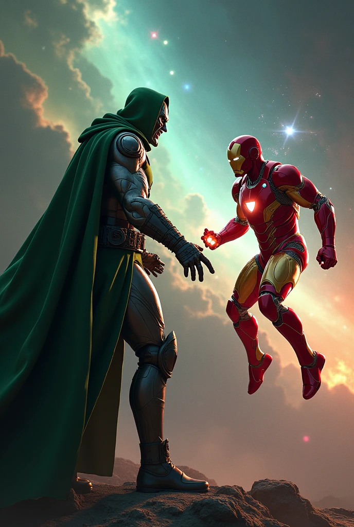 Dr doom fighting with powerfull iron man in space near galaxy