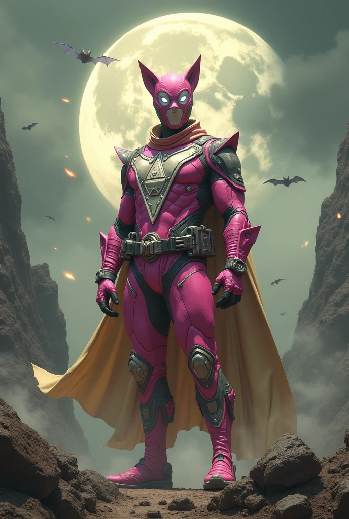 high-tech suit, vivid effects, malaysian superhero (KELUANG MAN) in a striking pink and beige costume cyberpunk design, mask small mini bat ear beige, daredevil biage mask, jumpsuit dark pink stands confidently in a dramatic, stormy landscape. ((Head covered node guard like batman , athletic body type, small mini ear bat mask))The character wears domino mask a helmet with pointed mini torn ears and a flowing cape biege, open nose and mouth. Equipped with visible futuristic weapons on a belt,bullet proof jacket pink dark day, dark night, big supermoon effect .logo on chest triangle shape small punisher logo center triangle cyber logo center on chest pink logo mini logo . rocky. Building top.smoke ground , bomb effect background, adding to --ar 3:4 --style raw --stylize 500 --v 6.1. chaos. Lot of small flying bat .