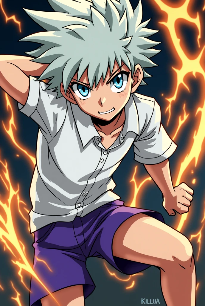 Make an art in the style of this image for the character Kilua from Hunter x Hunter in purple colors, white shirt and purple shorts. 
