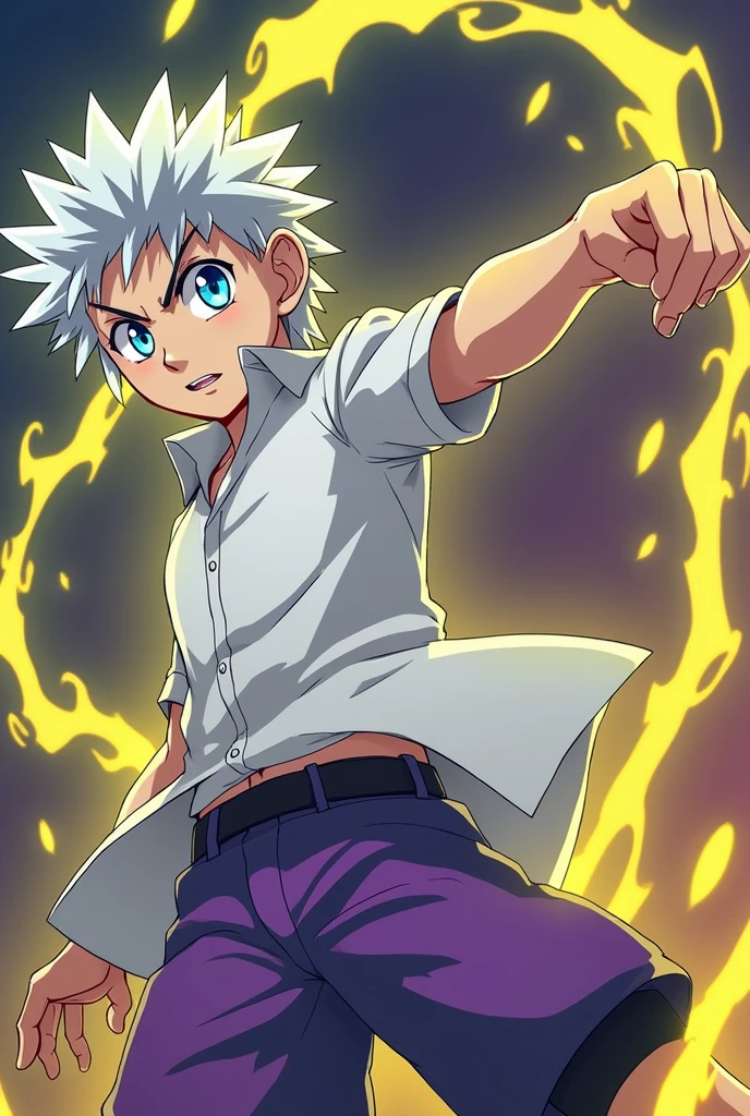 Make an art in the style of this image for the character Kilua from Hunter x Hunter in purple colors, white shirt and purple shorts.