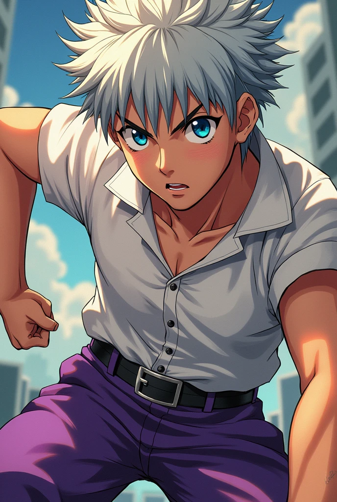Make an art in the style of this image for the character Kilua from Hunter x Hunter in purple colors, white shirt and purple shorts.
