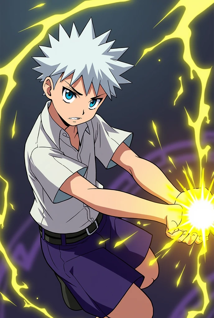 Make an art in the style of this image for the character Kilua from Hunter x Hunter in purple colors, white shirt and purple shorts.