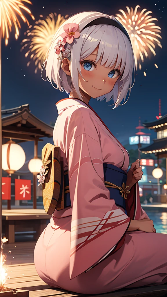 Highest quality、masterpiece、from the front、full body, Sitting on a bench、night空の花火を見上げる、looking sky, a girl、独奏, Beautiful silver hair、((((Very short hair))))、Blue eyes、(hair band)、((Blunt bangs)), ((Medium Chest)), 24-years-old, (tsurime), Tight waist, slender、Anime Style、Natural smile、Very cute face、 sexy pose, bewitching pose, Cute pose、night、Fireworks display、大きくてカラフルな花火がnight空に上がる、A large number of people、Japan Shrine Festival、((A colorful pink kimono))、Long flower hair ornament、Shallow depth of field,