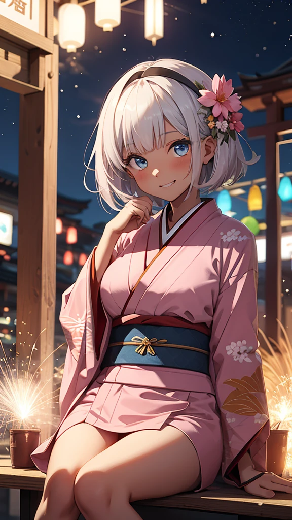Highest quality、masterpiece、from the front、full body, Sitting on a bench、night空の花火を見上げる、looking sky, a girl、独奏, Beautiful silver hair、((((Very short hair))))、Blue eyes、(hair band)、((Blunt bangs)), ((Medium Chest)), 24-years-old, (tsurime), Tight waist, slender、Anime Style、Natural smile、Very cute face、 sexy pose, bewitching pose, Cute pose、night、Fireworks display、大きくてカラフルな花火がnight空に上がる、A large number of people、Japan Shrine Festival、((A colorful pink kimono))、Long flower hair ornament、Shallow depth of field,
