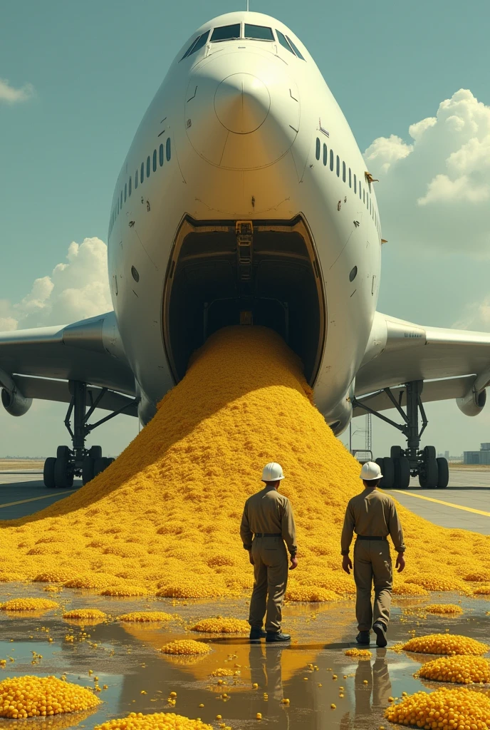 Imagine an image that shows the back of a large cargo plane, with the giant loading ramp open. The ramp is dumping a huge amount of flies in the form of yellow grains, directly onto the airport floor. Two people in industrial uniforms and hard hats stand next to the ramp, apparently supervising or organizing the unloading of material. The environment appears to be that of an airport, with part of a building visible in the background and the runway surrounding the plane. Make the loading ramp really huge in the image.