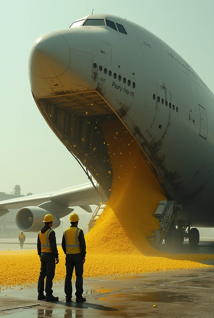 Imagine an image that shows the back of a large cargo plane, with the giant loading ramp open. The ramp is dumping a huge amount of flies in the form of yellow grains, directly onto the airport floor. Two people in industrial uniforms and hard hats stand next to the ramp, apparently supervising or organizing the unloading of material. The environment appears to be that of an airport, with part of a building visible in the background and the runway surrounding the plane. Make the loading ramp really huge in the image.