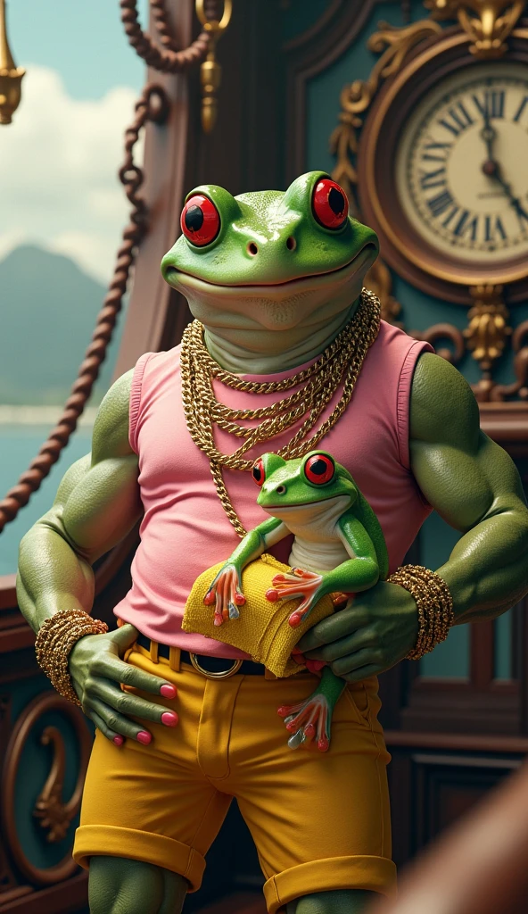 A muscular anthropomorphic frog wearing a sleeveless white shirt and gold chains sits on a yacht, holding a smaller frog in a green hood. The larger frog has red eyes and an intense expression, while the smaller frog, dressed in leisure attire with multiple chains, looks relaxed. The scene features luxury watches and a chain draped over the yacht’s interior, with a scenic outdoor backdrop of water and mountains.