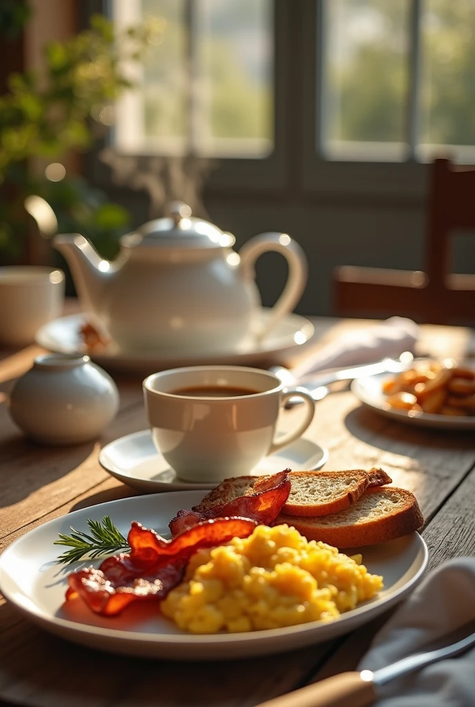 A warm and inviting cinematic photograph of a lunch table set with a delectable breakfast spread, shot in a rustic, natural light-filled environment, with gentle shadows and soft focus, emphasizing the textures and colors of the food and surrounding elements, the composition arranged to evoke a sense of cozy morning gathering, with a shallow depth of field, and a warm, featuring a steaming cup of coffee, crispy bacon, scrambled eggs, and toasted bread, surrounded by elegant, white ceramic dishes and linens, with a subtle blur effect in the background to draw attention to the central subject, captured through a shallow depth of field, evoking a sense of intimacy and comfort.