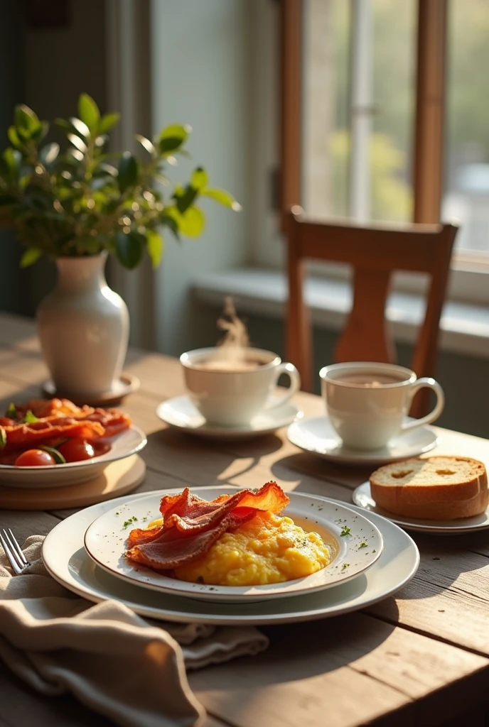A warm and inviting cinematic photograph of a lunch table set with a delectable breakfast spread, shot in a rustic, natural light-filled environment, with gentle shadows and soft focus, emphasizing the textures and colors of the food and surrounding elements, the composition arranged to evoke a sense of cozy morning gathering, with a shallow depth of field, and a warm,  featuring a steaming cup of coffee, crispy bacon, scrambled eggs, and toasted bread, surrounded by elegant, white ceramic dishes and linens, with a subtle blur effect in the background to draw attention to the central subject, captured through a shallow depth of field, evoking a sense of intimacy and comfort.