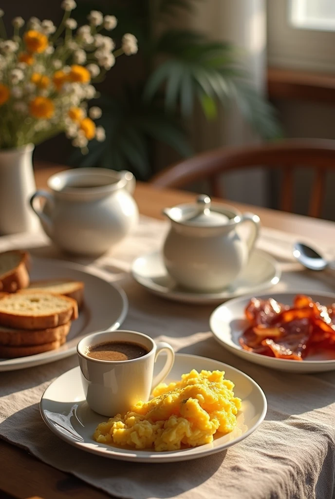 A warm and inviting cinematic photograph of a lunch table set with a delectable breakfast spread, shot in a rustic, natural light-filled environment, with gentle shadows and soft focus, emphasizing the textures and colors of the food and surrounding elements, the composition arranged to evoke a sense of cozy morning gathering, with a shallow depth of field, and a warm,  featuring a steaming cup of coffee, crispy bacon, scrambled eggs, and toasted bread, surrounded by elegant, white ceramic dishes and linens, with a subtle blur effect in the background to draw attention to the central subject, captured through a shallow depth of field, evoking a sense of intimacy and comfort.