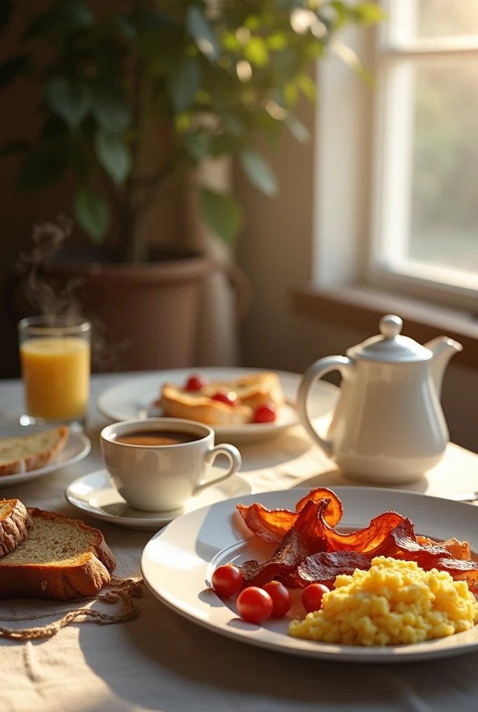 A warm and inviting cinematic photograph of a lunch table set with a delectable breakfast spread, shot in a rustic, natural light-filled environment, with gentle shadows and soft focus, emphasizing the textures and colors of the food and surrounding elements, the composition arranged to evoke a sense of cozy morning gathering, with a shallow depth of field, and a warm, featuring a steaming cup of coffee, crispy bacon, scrambled eggs, and toasted bread, surrounded by elegant, white ceramic dishes and linens, with a subtle blur effect in the background to draw attention to the central subject, captured through a shallow depth of field, evoking a sense of intimacy and comfort.