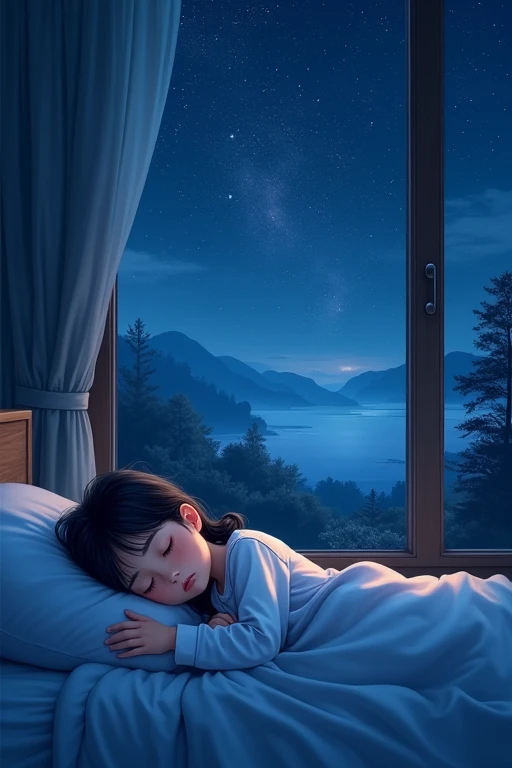 Bed, sleeping girl, pajamas, dark night, closed eyes ,side ,landscape, midnight, lying down girl ,starry sky,midnight sky,green ,REALITY
