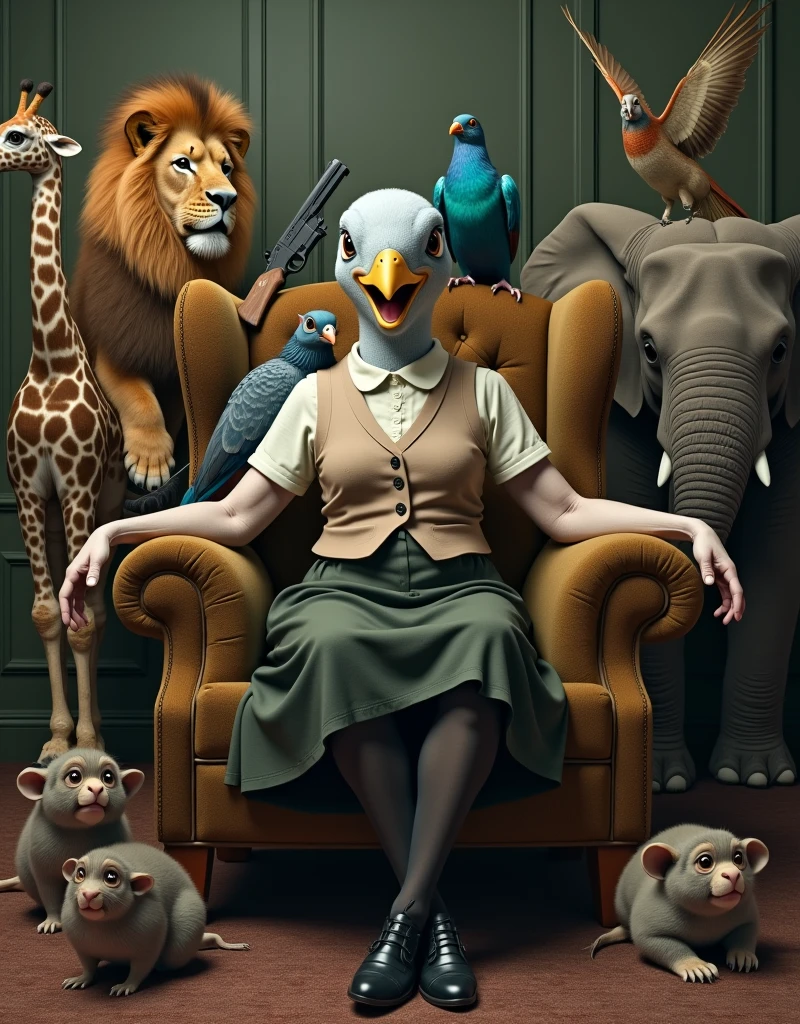 ((Highest quality)), ((Surrounded by animals)), (photograph), (front), (Short sleeve:2), (Crossing one's limbs), (knee-length black skirt:1.2), 大きく口を開いているグレーの女性のハトがオフホワイトで襟付きの半そでシャツに薄茶色のベストを着てknee-length black skirtに濃い緑の靴下と黒の靴を履いて、He is sitting cross-legged in a plush chair with his arms outstretched, Lion, giraffe, mouse, Peacock, Parrot, Peacock, The monkeys and elephants in the group are arranged with purpose and intent., Holding a gun, (There is a beautiful parakeet on his shoulder.:1.2), Muscular grey female pigeon, photographのようなリアルな画像。