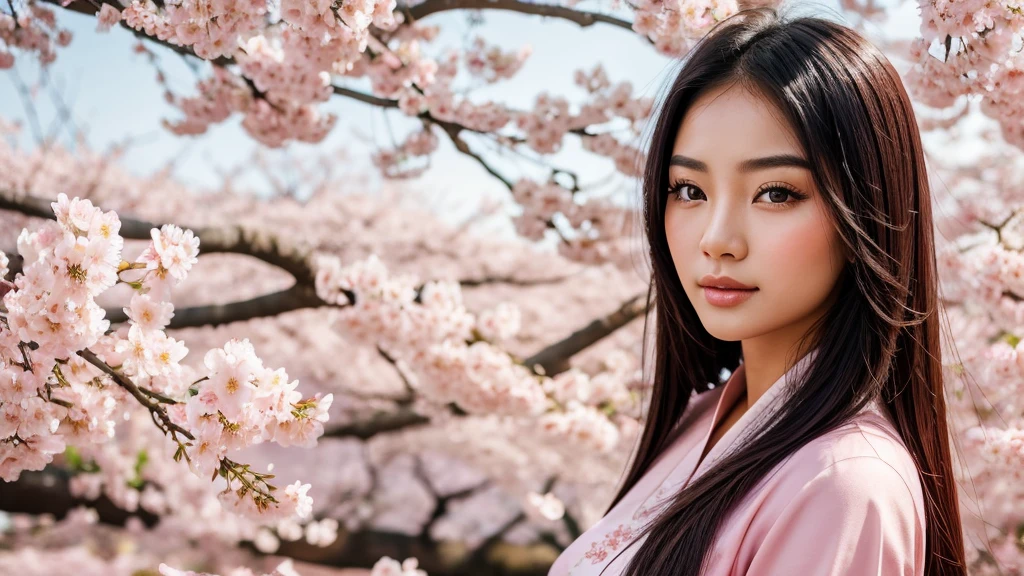 Portrait beauty Asian young woman model with sakura flower pink background. 
