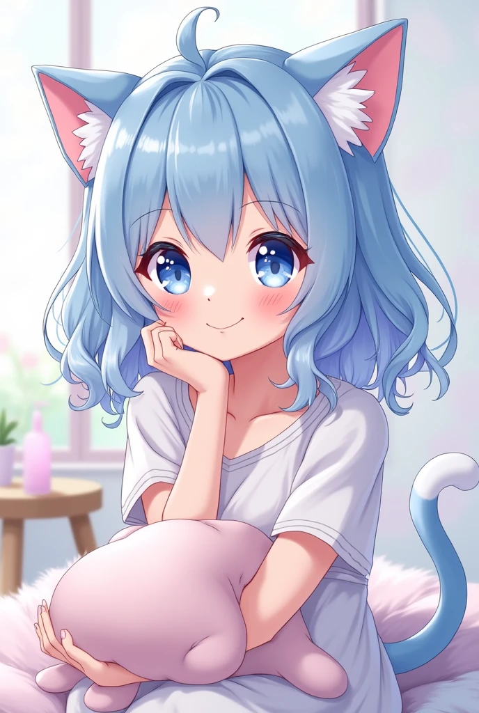 Create a 2d image of a cute neko anime girl smiling with pastel blue hair doing asmr 