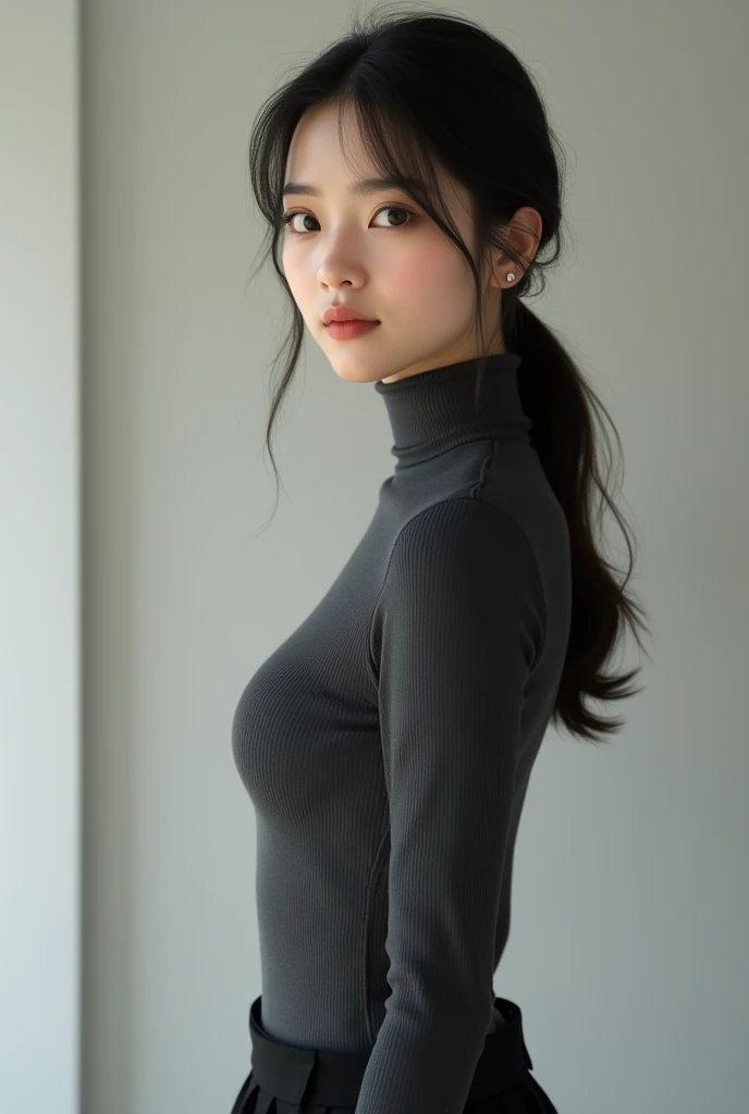 Pretty girl of 1, wearing a dark grey top, no pantyhose, turtleneck, mirandome, standing, return shot, ultra high definition, realist