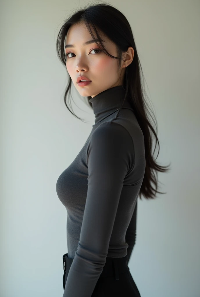 Pretty girl of 1, wearing a dark grey top, no pantyhose, turtleneck, mirandome, standing, return shot, ultra high definition, realist