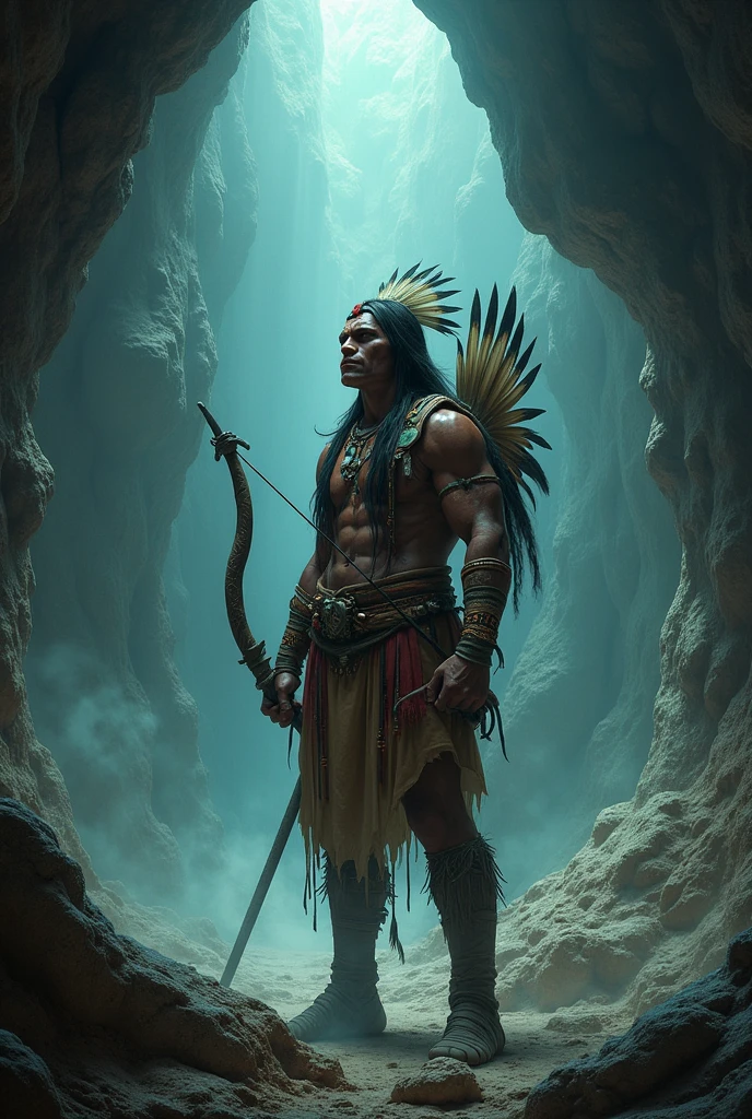 an Indian warrior hunting souls with his bow, in a cave