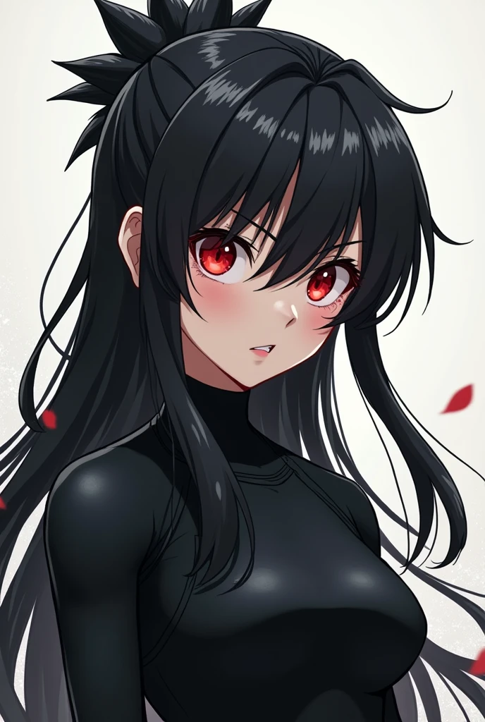Child girl anime with spiky black long hair  and eyes red,her clothes is black  she have personality agressive,and physical athletic,she's dont' have breasts
she have white skin