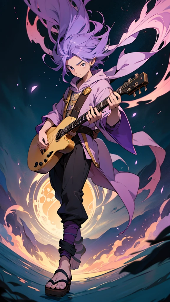 bard and his instrument, helping his team, Studio Ghibli style character, with dark energy that merged with purple creating a new color, full body from head to toe, man