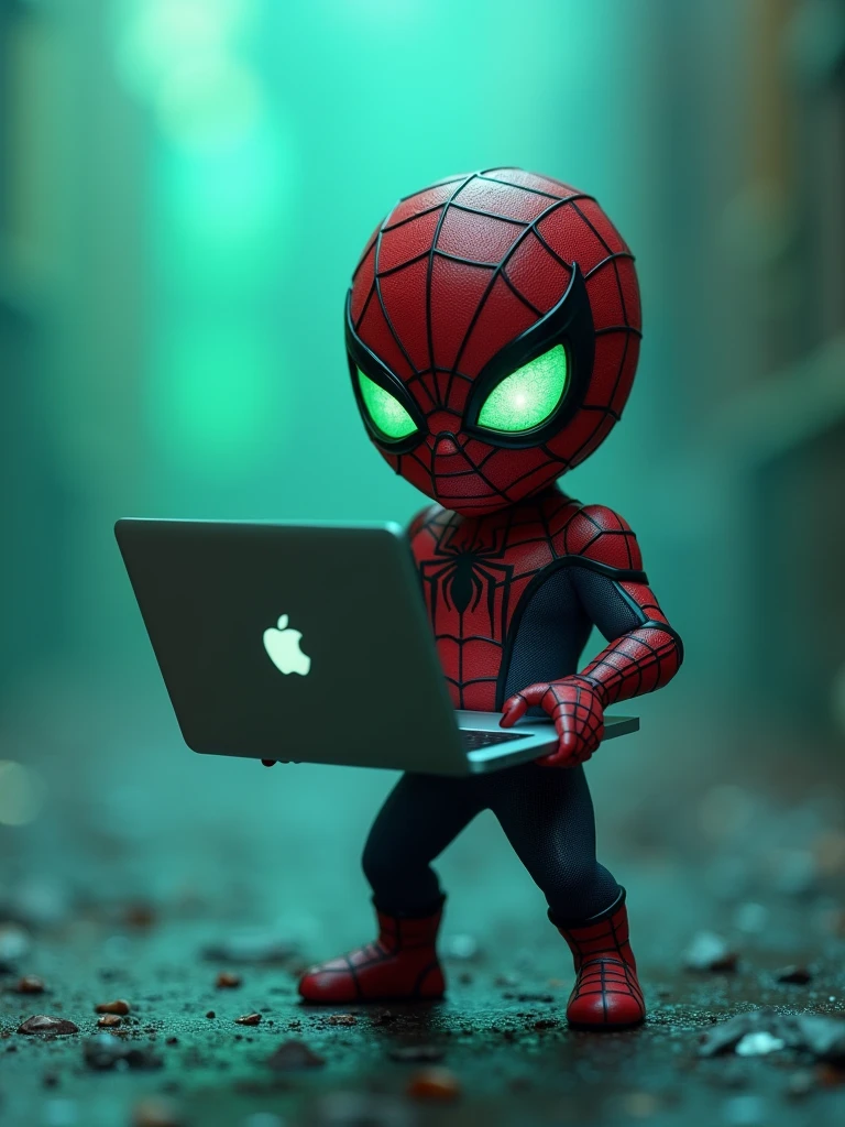 cute scary super spiderman with MacBook, full body ultra-realistic, cinematic lights, details, blurred elements around, green and blue gradient colors, 8k