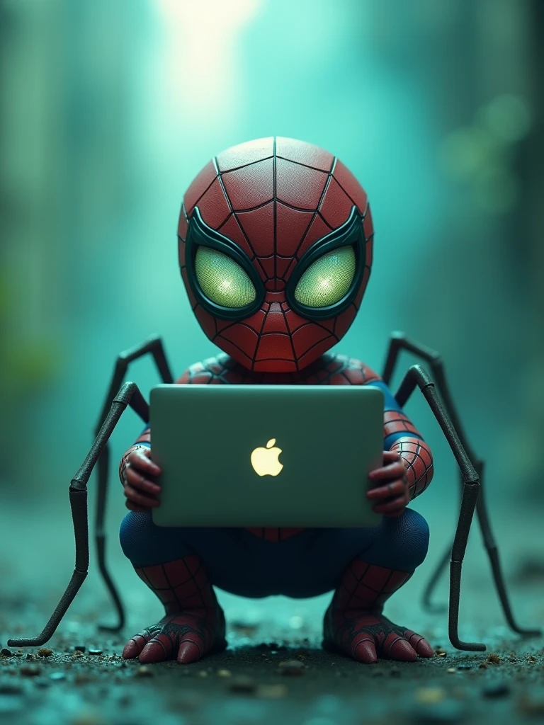 cute scary super spiderman with MacBook, full body ultra-realistic, cinematic lights, details, blurred elements around, green and blue gradient colors, 8k